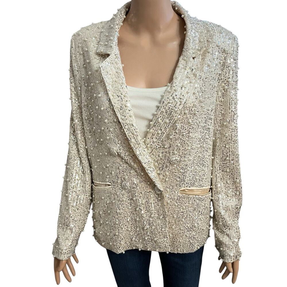 Anthropologie Mabel Pearl Sequin Blazer Small Double Breasted Cream Silver